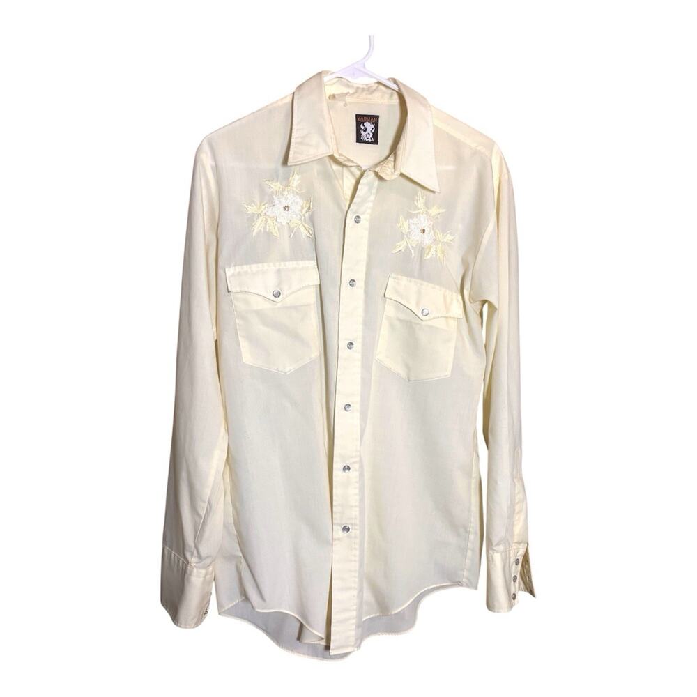 VTG Karman Men’s Yellow Pearl Snap Long Western Embroidered Shirt Sz S/M
